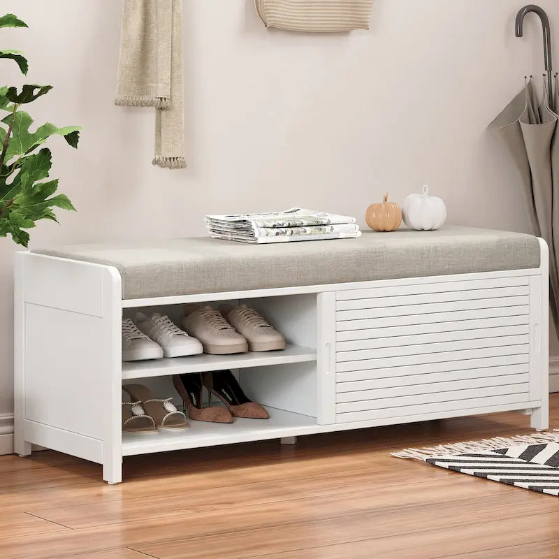 Entryway Shoe Cabinet, Distressed Shutter Storage Bench with Acacia Veneer for Retro Charm for Living Room, Entryway