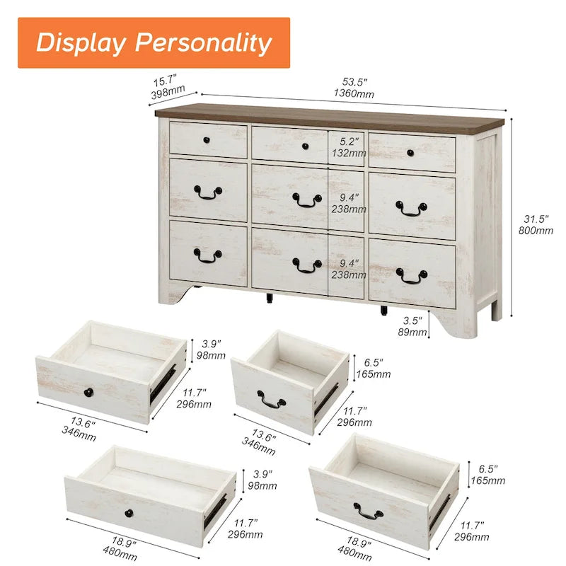 53.5 Wide Farmhouse White Dresser TV Stand with Curved Edge Design and Wide Chests of Drawers
