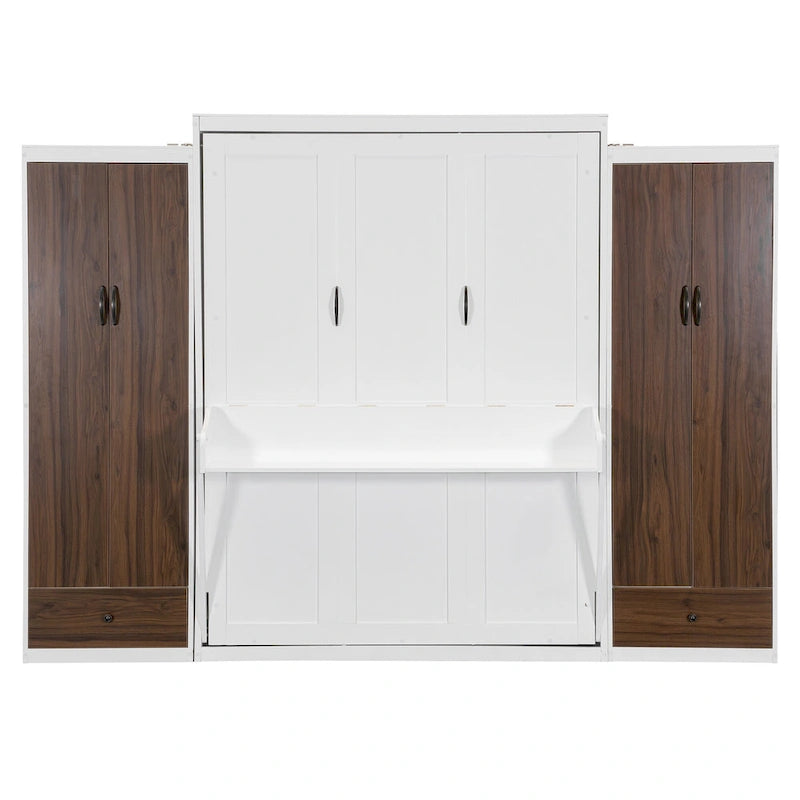 Schrankbett mit Kleiderschrank, Schubladen, LED-Beleuchtung und Schreibtisch