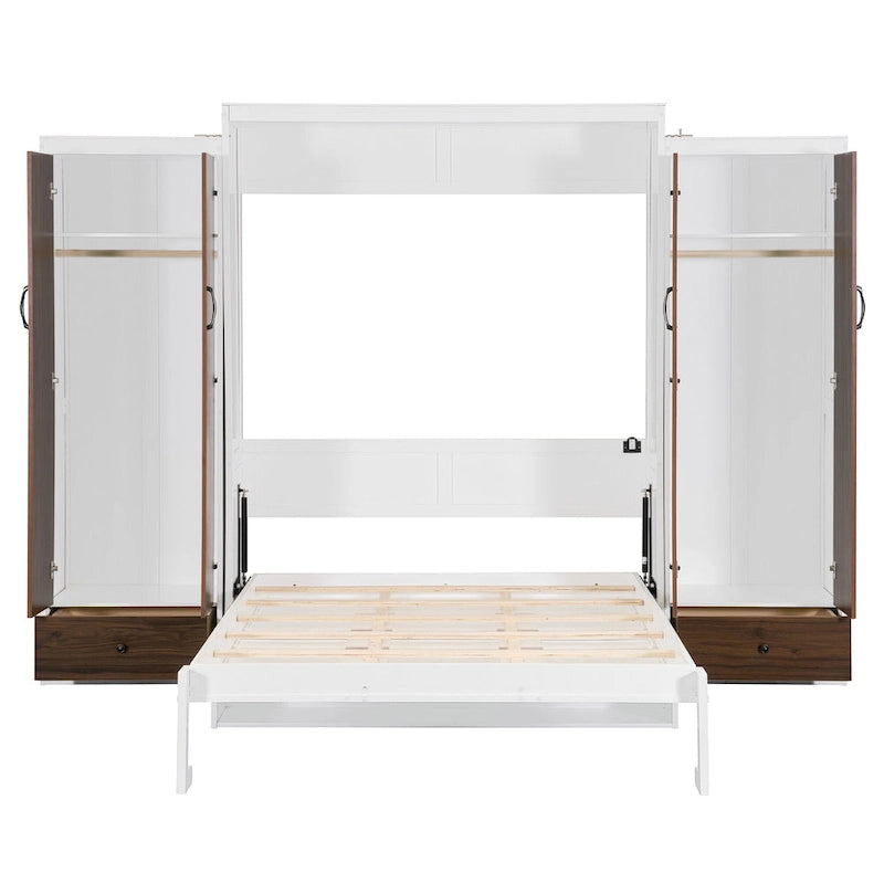 Schrankbett mit Kleiderschrank, Schubladen, LED-Beleuchtung und Schreibtisch