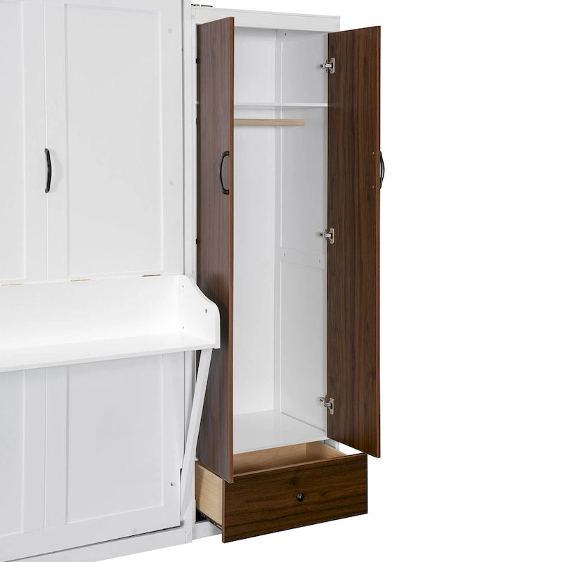 Schrankbett mit Kleiderschrank, Schubladen, LED-Beleuchtung und Schreibtisch
