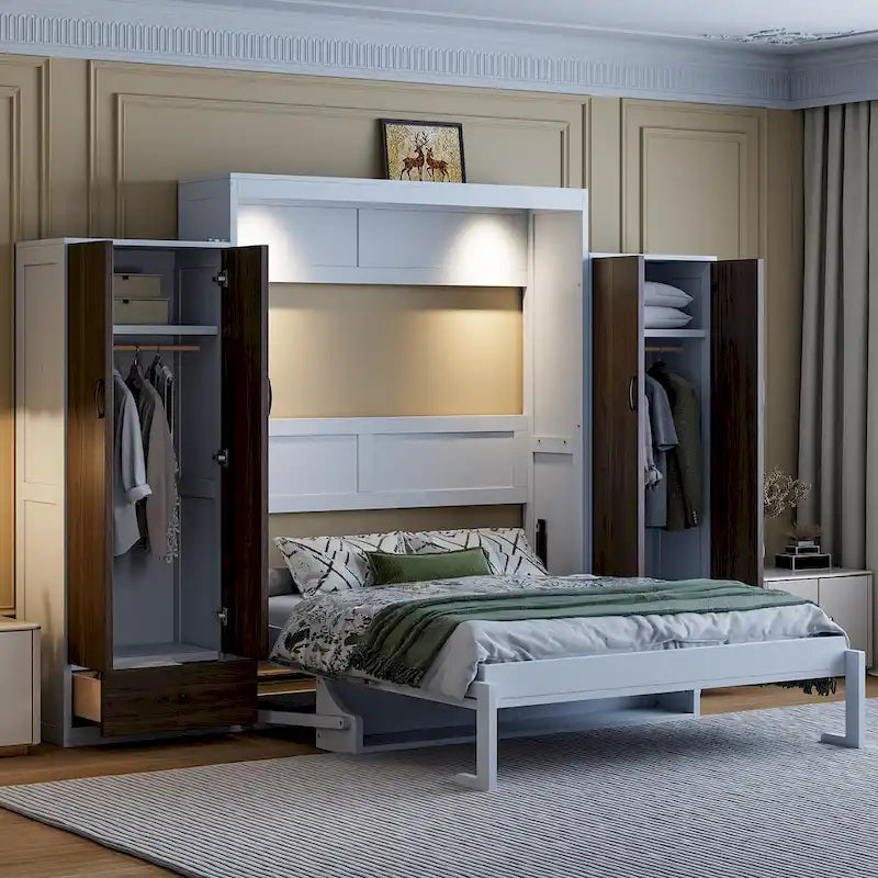 Schrankbett mit Kleiderschrank, Schubladen, LED-Beleuchtung und Schreibtisch