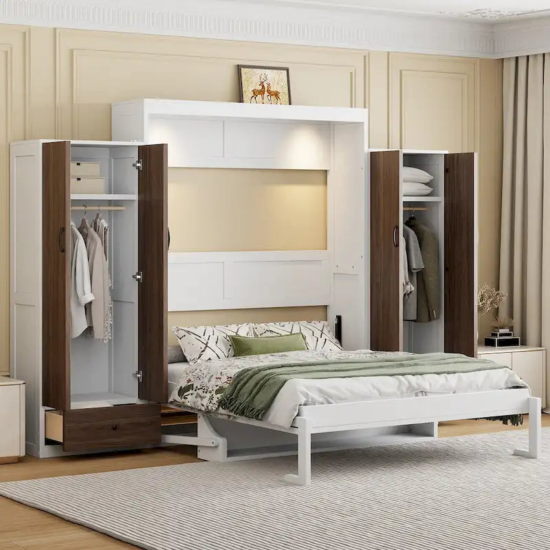 Schrankbett mit Kleiderschrank, Schubladen, LED-Beleuchtung und Schreibtisch
