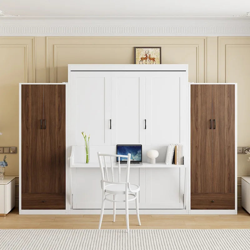Schrankbett mit Kleiderschrank, Schubladen, LED-Beleuchtung und Schreibtisch