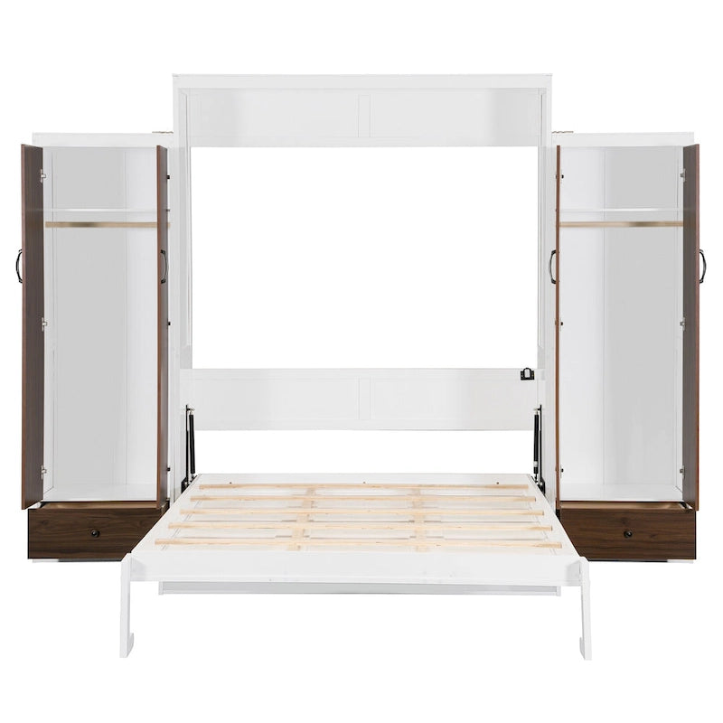 Schrankbett mit Kleiderschrank, Schubladen, LED-Beleuchtung und Schreibtisch