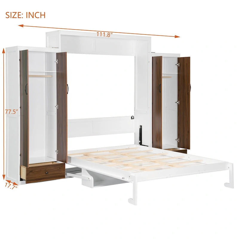 Schrankbett mit Kleiderschrank, Schubladen, LED-Beleuchtung und Schreibtisch