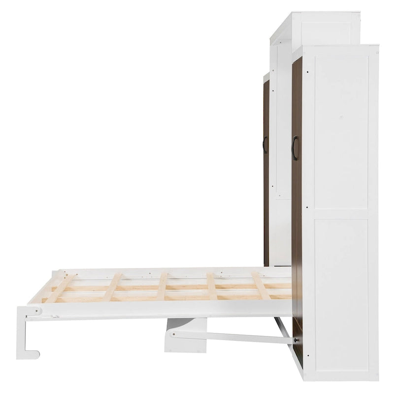 Schrankbett mit Kleiderschrank, Schubladen, LED-Beleuchtung und Schreibtisch