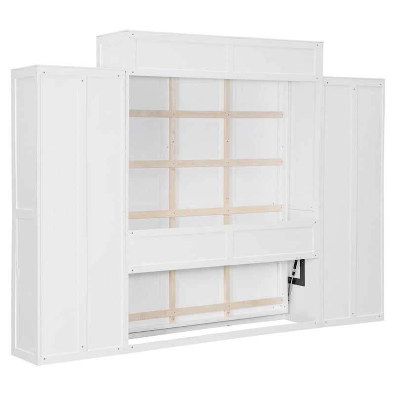 Schrankbett mit Kleiderschrank, Schubladen, LED-Beleuchtung und Schreibtisch