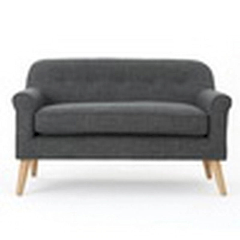 Loveseat, 50 Inch, glatter grauer Polyesterbezug mit Knopfheftung, naturbraunes Holz