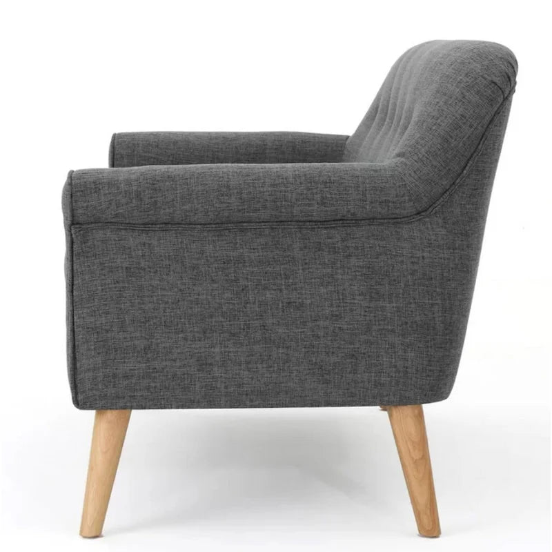 Loveseat, 50 Inch, glatter grauer Polyesterbezug mit Knopfheftung, naturbraunes Holz