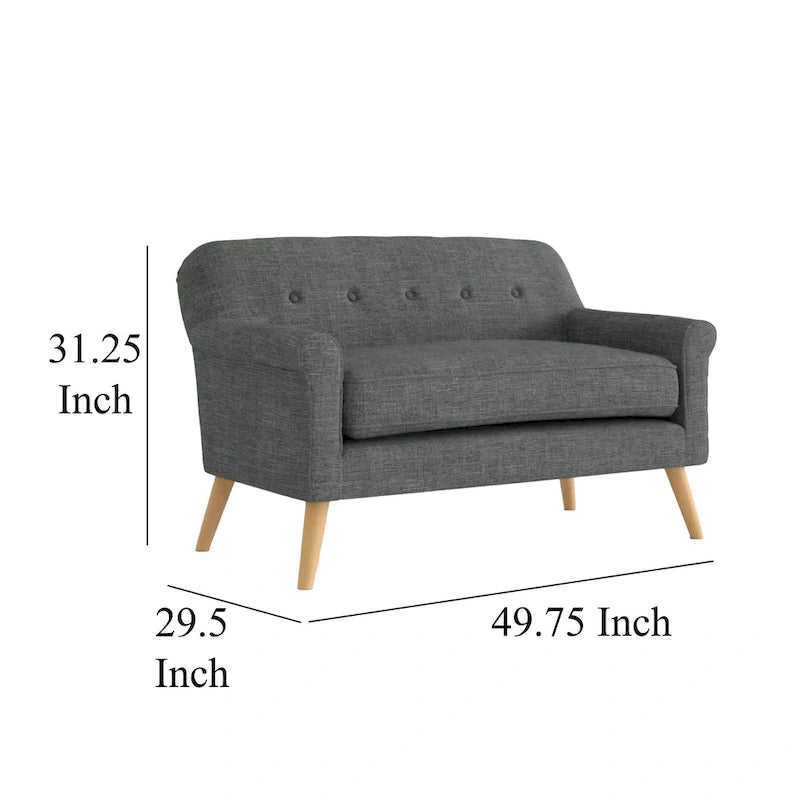Loveseat, 50 Inch, glatter grauer Polyesterbezug mit Knopfheftung, naturbraunes Holz