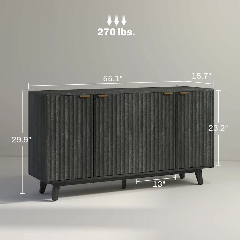 Geriffeltes Sideboard, Buffetschrank, 55 Zoll moderner Akzentschrank mit 4 Türen, 2 verstellbaren Einlegeböden und 5 Holzbeinen
