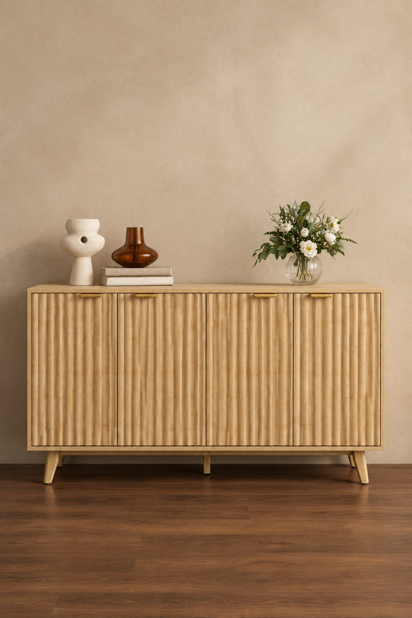 Fluted Sideboard Buffet Cabinet, 55 Modern Accent Console Cabinet with 4 Doors, 2 Adjustable Shelves and 5 Wood Legs