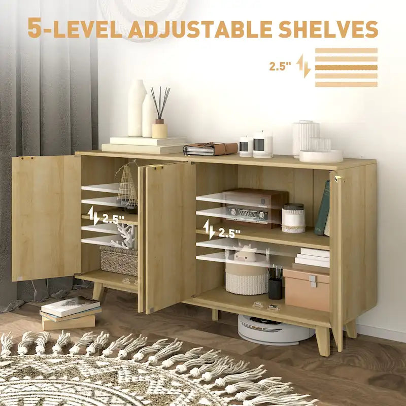 Geriffeltes Sideboard, Buffetschrank, 55 Zoll moderner Akzentschrank mit 4 Türen, 2 verstellbaren Einlegeböden und 5 Holzbeinen