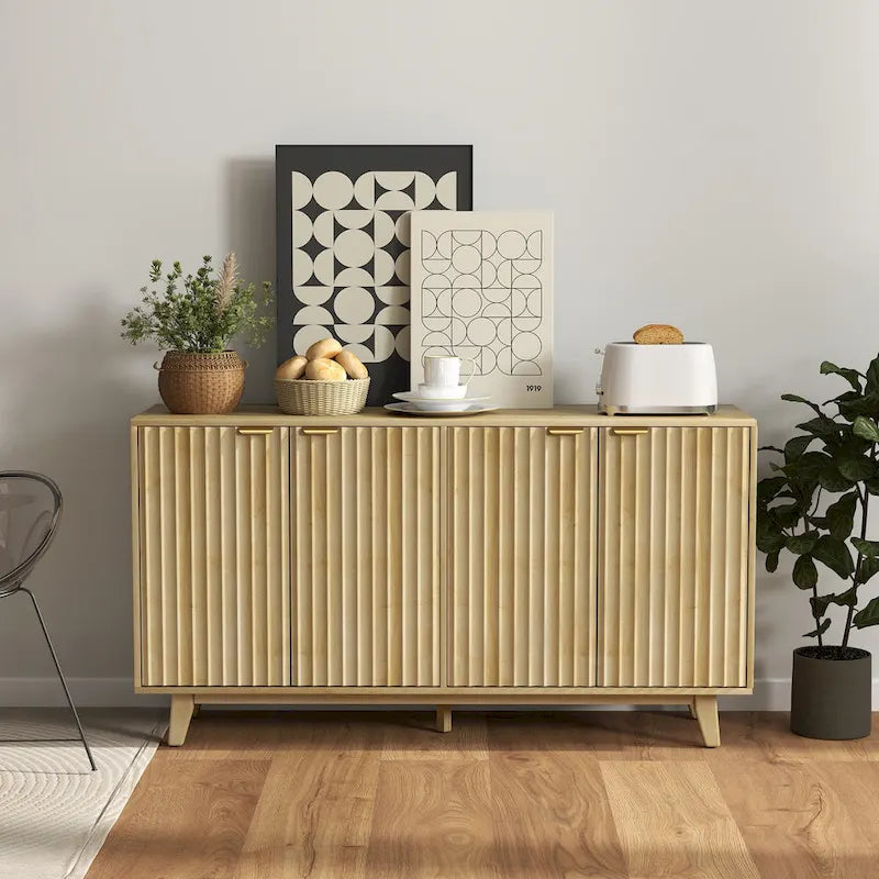 Geriffeltes Sideboard, Buffetschrank, 55 Zoll moderner Akzentschrank mit 4 Türen, 2 verstellbaren Einlegeböden und 5 Holzbeinen