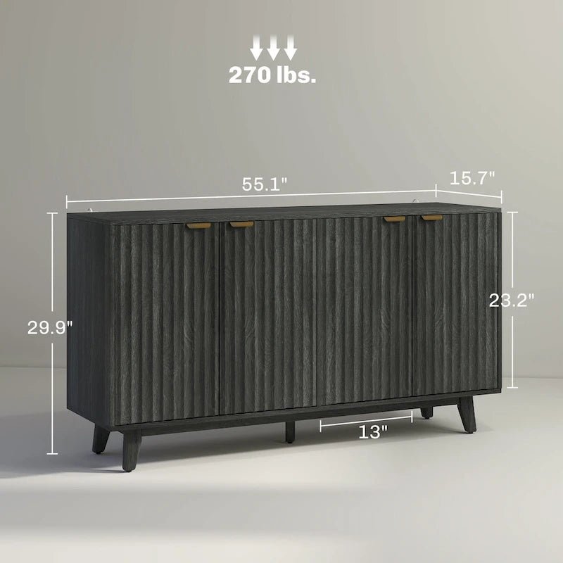 Geriffeltes Sideboard, Buffetschrank, 55 Zoll moderner Akzentschrank mit 4 Türen, 2 verstellbaren Einlegeböden und 5 Holzbeinen