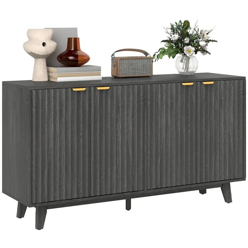 Geriffeltes Sideboard, Buffetschrank, 55 Zoll moderner Akzentschrank mit 4 Türen, 2 verstellbaren Einlegeböden und 5 Holzbeinen