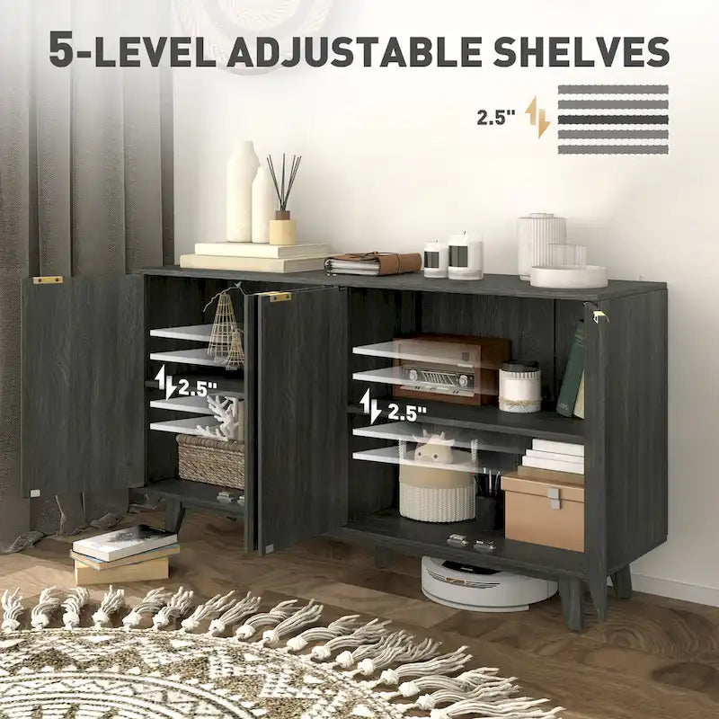 Geriffeltes Sideboard, Buffetschrank, 55 Zoll moderner Akzentschrank mit 4 Türen, 2 verstellbaren Einlegeböden und 5 Holzbeinen