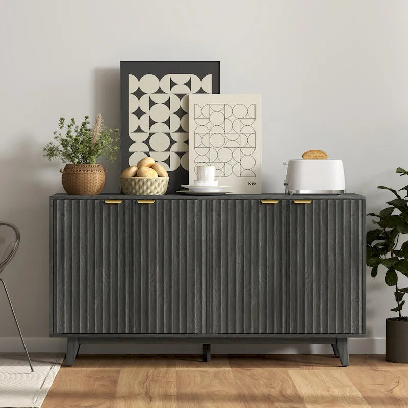 Geriffeltes Sideboard, Buffetschrank, 55 Zoll moderner Akzentschrank mit 4 Türen, 2 verstellbaren Einlegeböden und 5 Holzbeinen