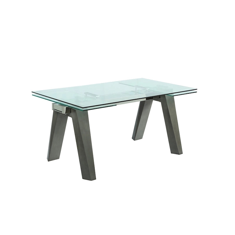 Table à manger moderne avec plateau en verre extensible et pieds en bois massif