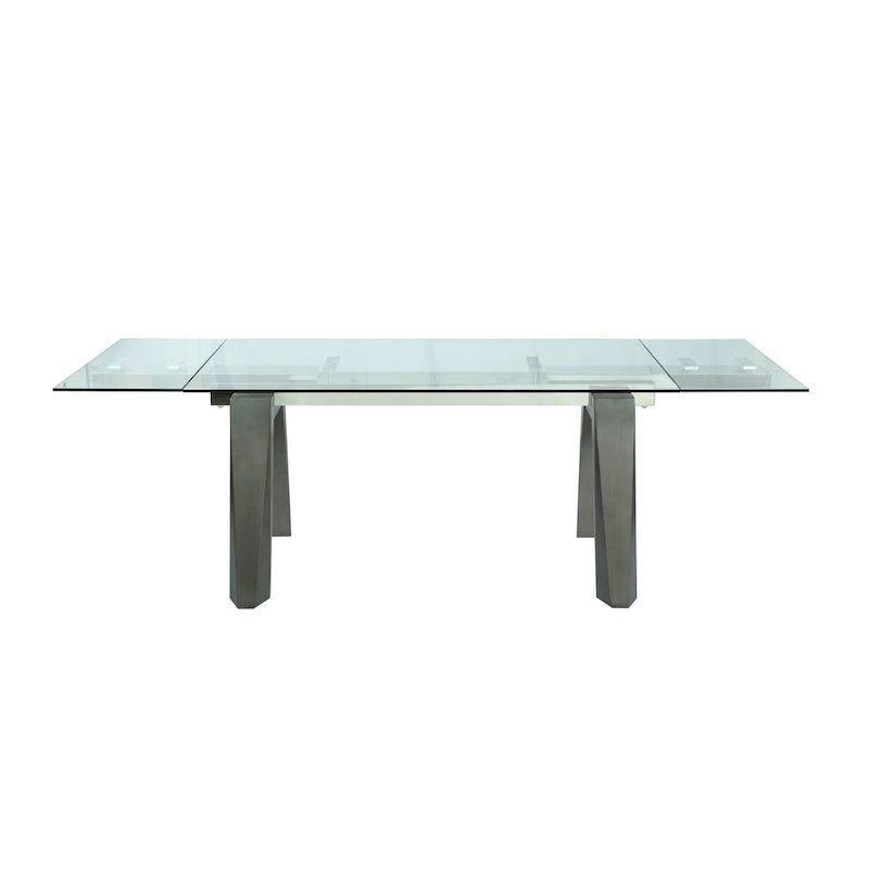 Table à manger moderne avec plateau en verre extensible et pieds en bois massif