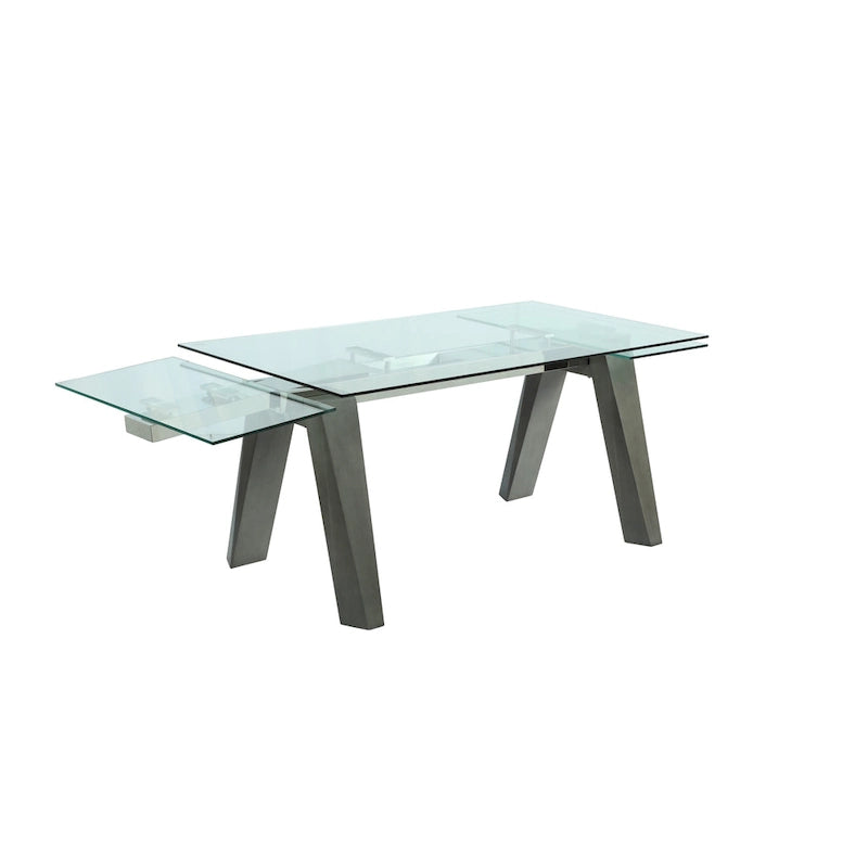 Table à manger moderne avec plateau en verre extensible et pieds en bois massif