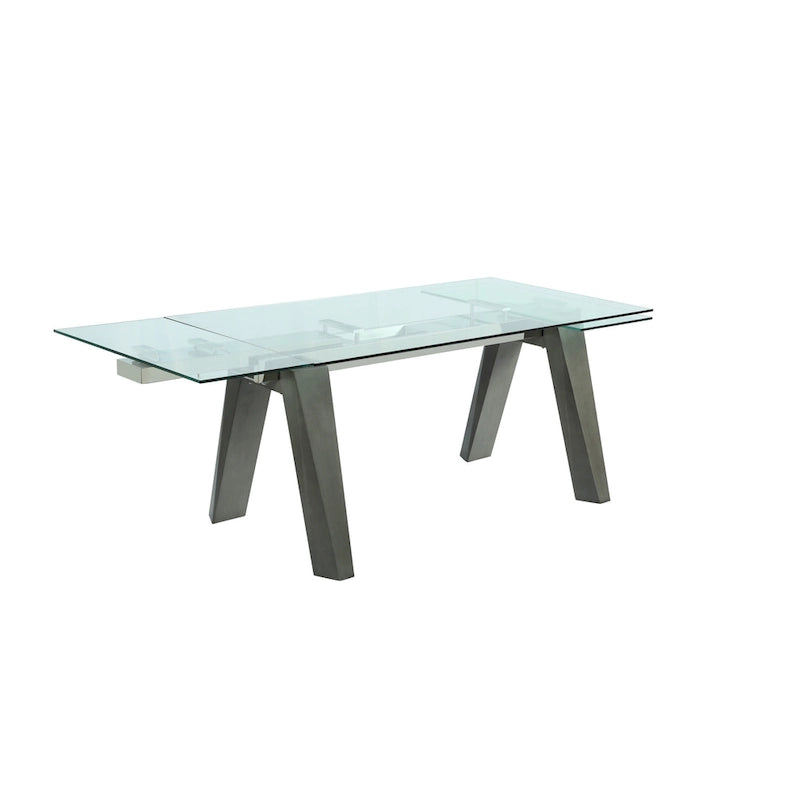Table à manger moderne avec plateau en verre extensible et pieds en bois massif