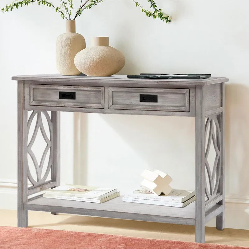 Grey Washed Wood 2-Drawer 1-Shelf Console and Entry Table - 32.7 H x 47.2 W x 13.8 D