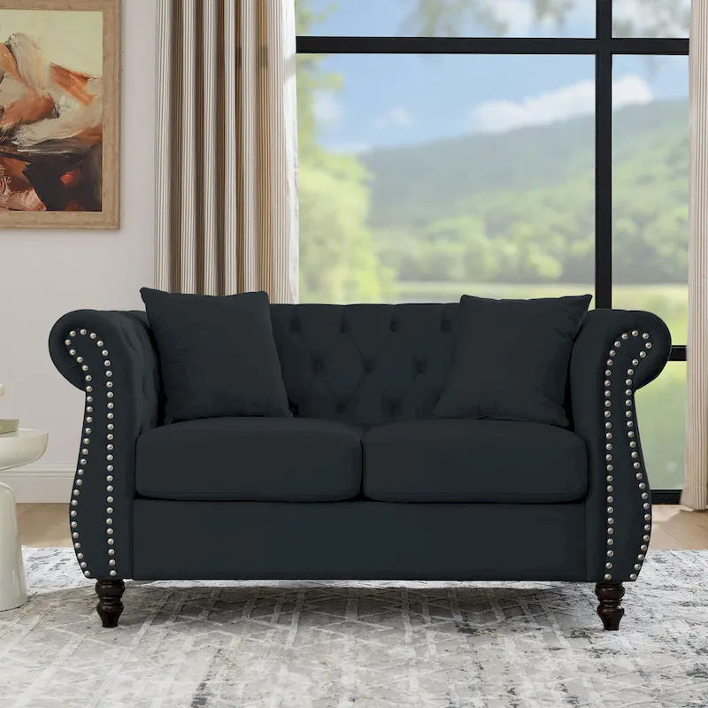 58.8 Chesterfield Sofa Black Velvet for Living Room, 2 Seater Sofa Tufted Couch with Rolled Arms and Nailhead for Living Room,