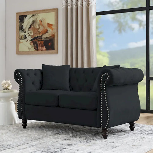58.8 Chesterfield-Sofa aus schwarzem Samt für das Wohnzimmer, 2-Sitzer-Sofa mit Knopfheftung, gerollten Armlehnen und Nagelkopfverzierung für das Wohnzimmer