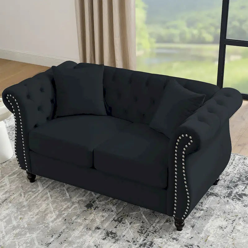 58.8 Chesterfield-Sofa aus schwarzem Samt für das Wohnzimmer, 2-Sitzer-Sofa mit Knopfheftung, gerollten Armlehnen und Nagelkopfverzierung für das Wohnzimmer