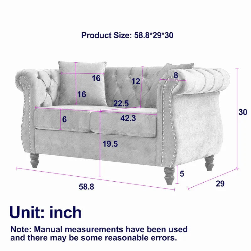 58.8 Chesterfield-Sofa aus schwarzem Samt für das Wohnzimmer, 2-Sitzer-Sofa mit Knopfheftung, gerollten Armlehnen und Nagelkopfverzierung für das Wohnzimmer