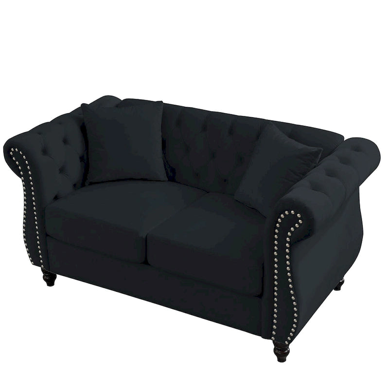 58.8 Chesterfield-Sofa aus schwarzem Samt für das Wohnzimmer, 2-Sitzer-Sofa mit Knopfheftung, gerollten Armlehnen und Nagelkopfverzierung für das Wohnzimmer