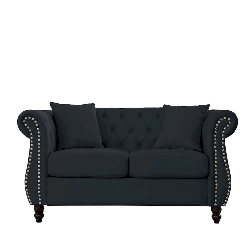 58.8 Chesterfield-Sofa aus schwarzem Samt für das Wohnzimmer, 2-Sitzer-Sofa mit Knopfheftung, gerollten Armlehnen und Nagelkopfverzierung für das Wohnzimmer