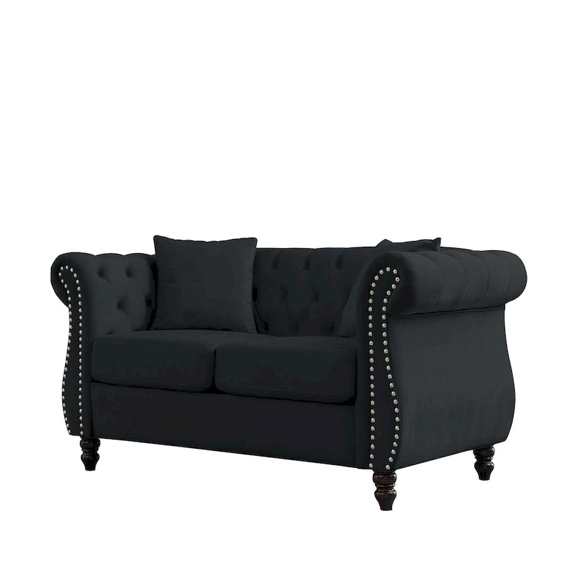 58.8 Chesterfield-Sofa aus schwarzem Samt für das Wohnzimmer, 2-Sitzer-Sofa mit Knopfheftung, gerollten Armlehnen und Nagelkopfverzierung für das Wohnzimmer