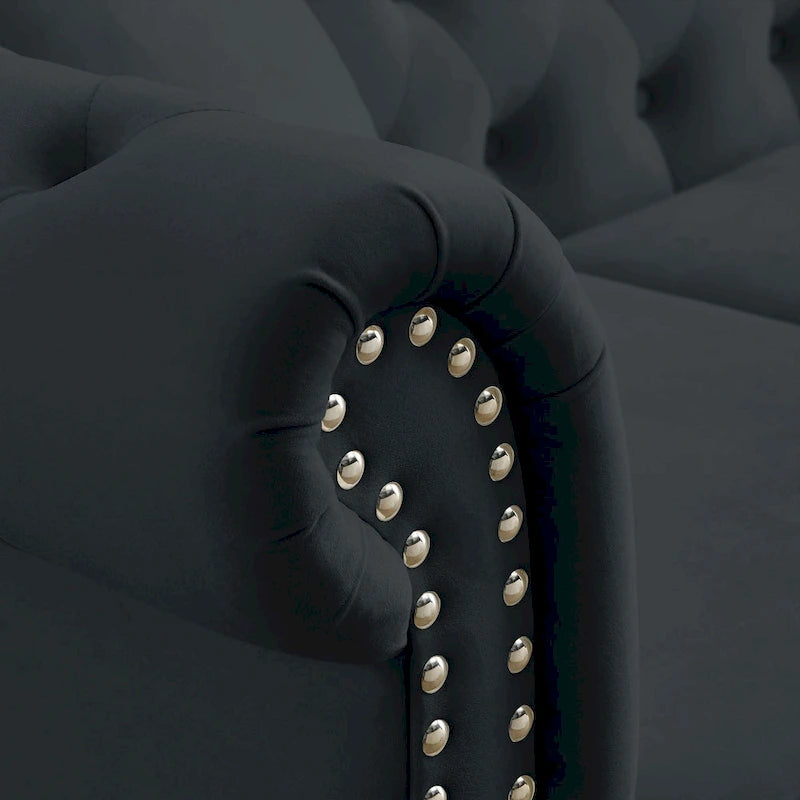 58.8 Chesterfield-Sofa aus schwarzem Samt für das Wohnzimmer, 2-Sitzer-Sofa mit Knopfheftung, gerollten Armlehnen und Nagelkopfverzierung für das Wohnzimmer