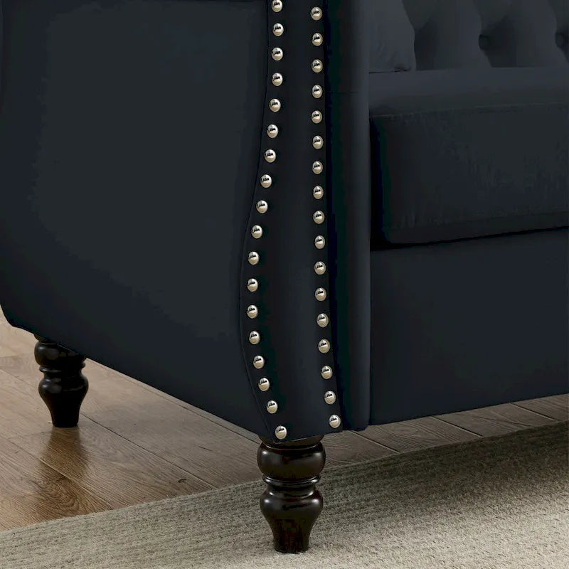 58.8 Chesterfield-Sofa aus schwarzem Samt für das Wohnzimmer, 2-Sitzer-Sofa mit Knopfheftung, gerollten Armlehnen und Nagelkopfverzierung für das Wohnzimmer