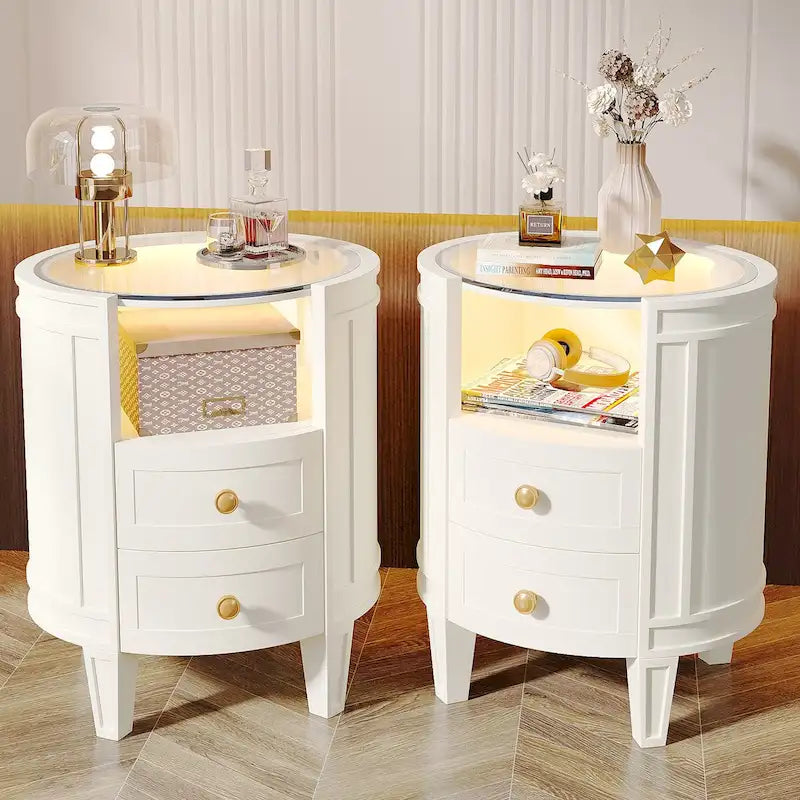 25.5 Inches Tall Round Nightstand Side Table with 2 Drawers LED Light Open Shelf for Bedroom Sofa Side