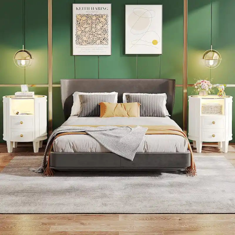 25.5 Inches Tall Round Nightstand Side Table with 2 Drawers LED Light Open Shelf for Bedroom Sofa Side