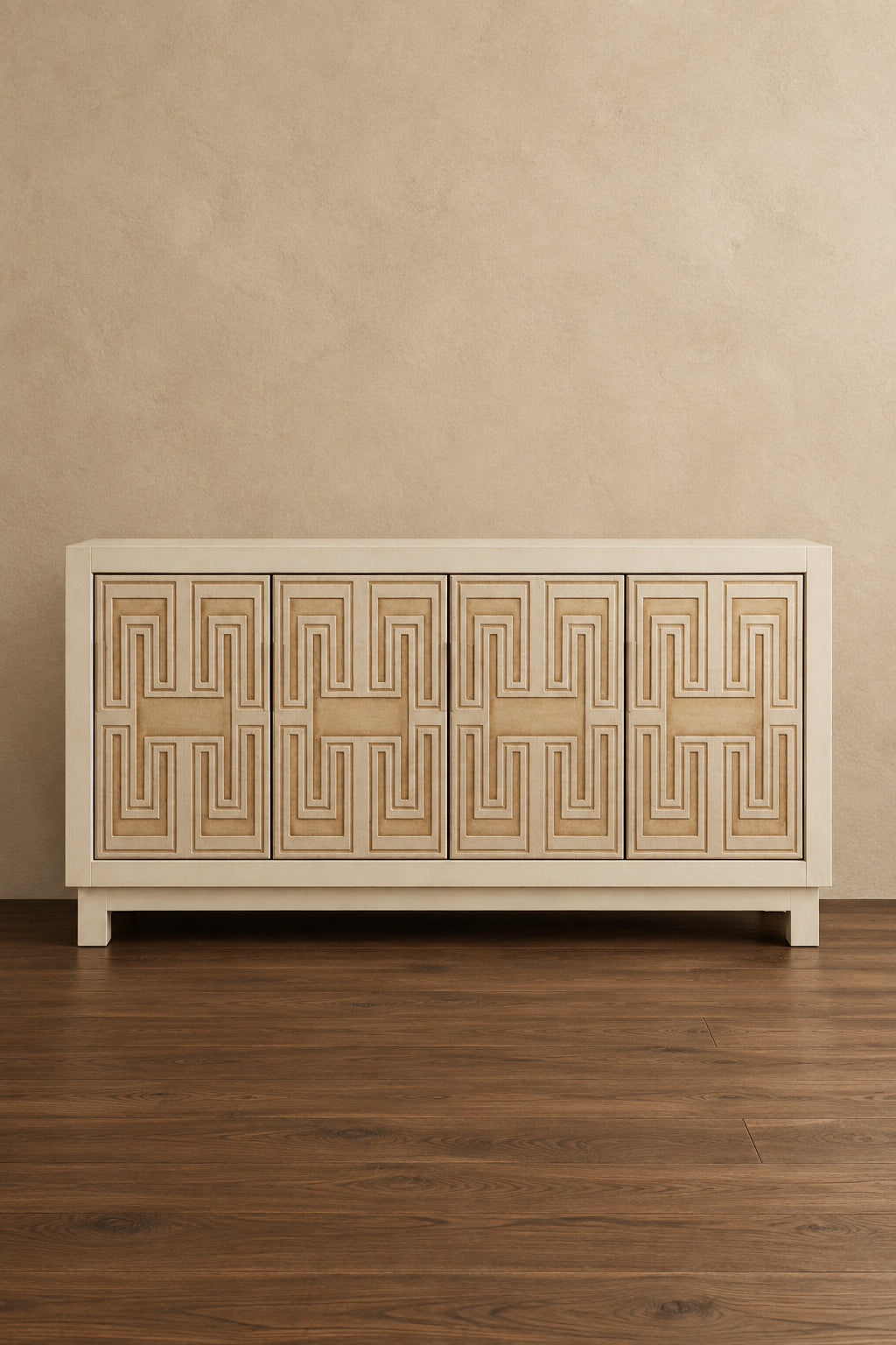 60 Inch Rustic 4 Door Sideboard Cabinet Console, White Gold Front Pattern