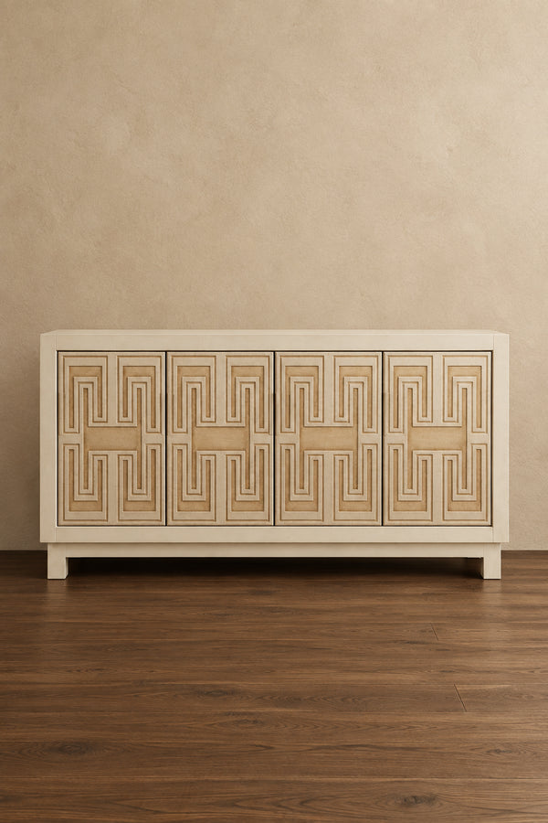 60 Inch Rustic 4 Door Sideboard Cabinet Console, White Gold Front Pattern