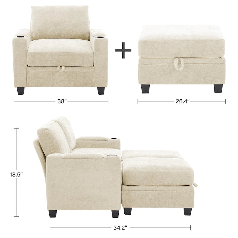 Chenille-Einzelschlafsofa mit abnehmbarem Hocker