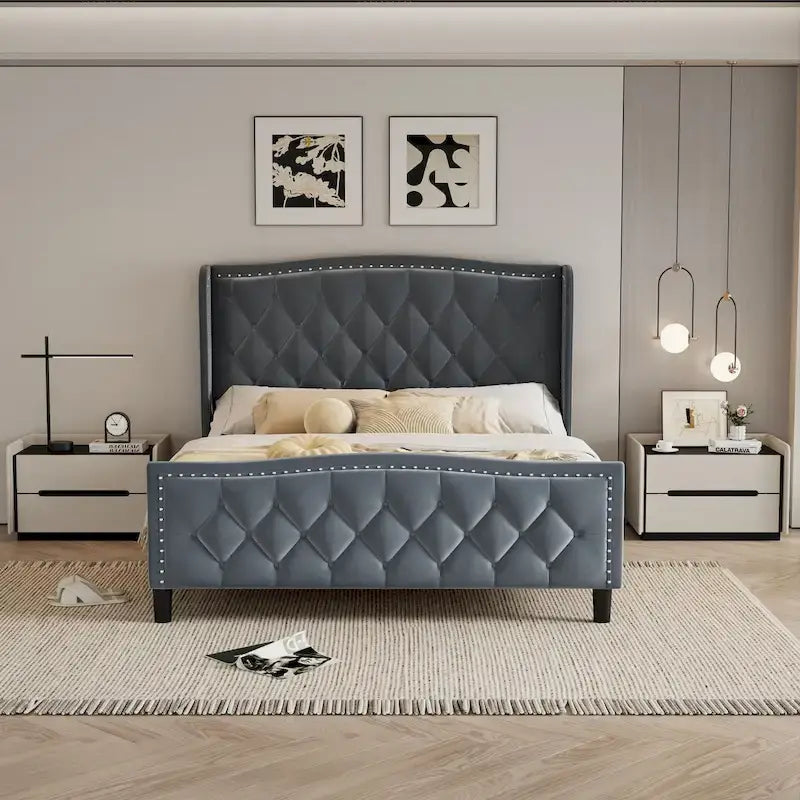 Rama łóżka Queen Size, tapicerowane łóżko platformowe z wezgłowiem typu wingback, aksamitna rama łóżka, podparcie z drewnianych listew, nie wymaga stelaża sprężynowego