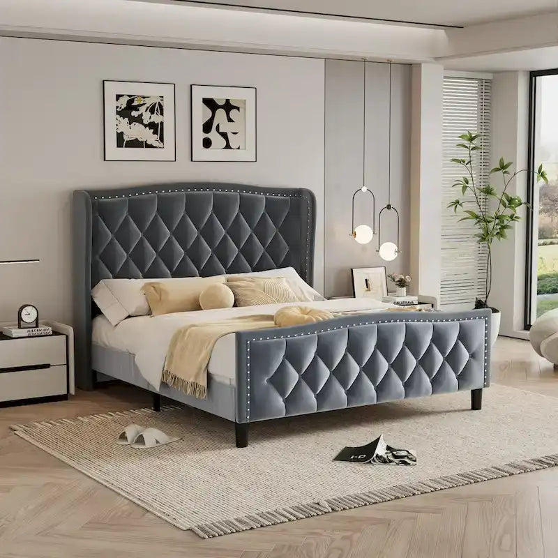 Rama łóżka Queen Size, tapicerowane łóżko platformowe z wezgłowiem typu wingback, aksamitna rama łóżka, podparcie z drewnianych listew, nie wymaga stelaża sprężynowego