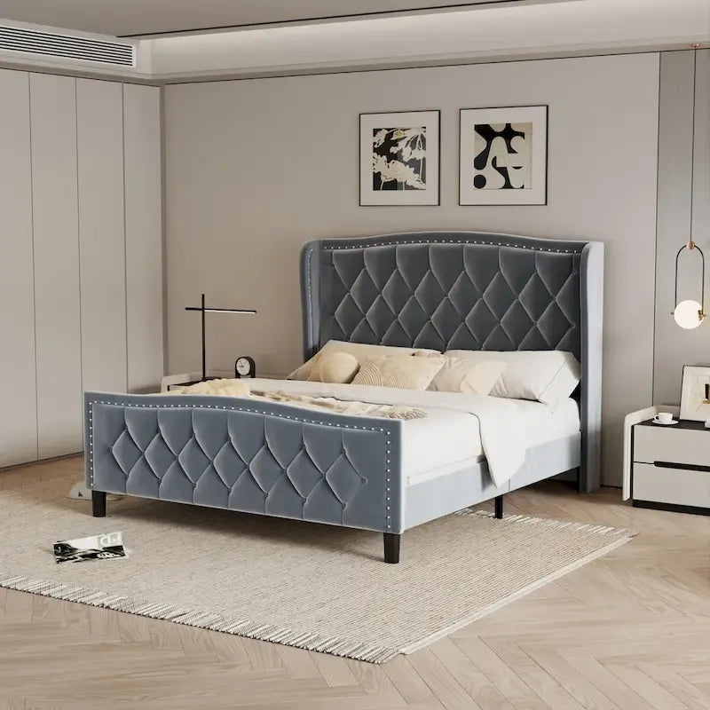 Bettgestell in Queen-Size, Polsterplattformbett mit Wingback-Kopfteil, Samtbettgestell, Holzlattenrost, kein Boxspringbett erforderlich