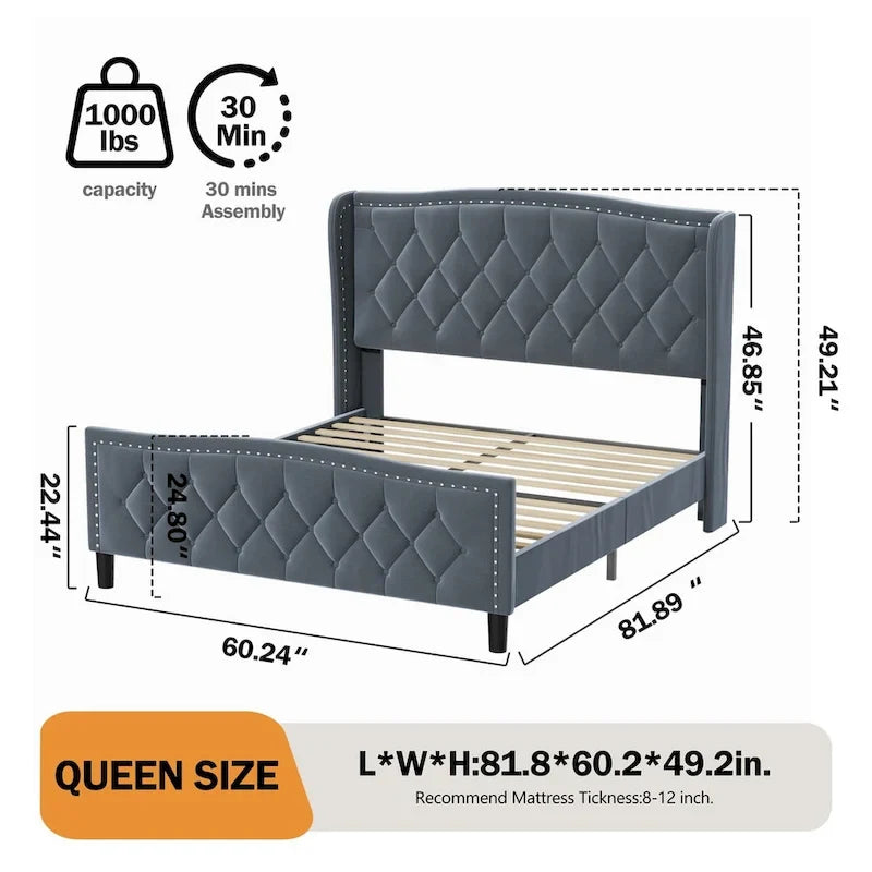 Bettgestell in Queen-Size, Polsterplattformbett mit Wingback-Kopfteil, Samtbettgestell, Holzlattenrost, kein Boxspringbett erforderlich
