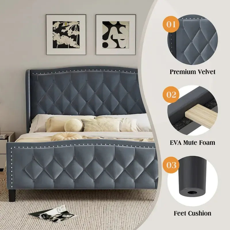 Rama łóżka Queen Size, tapicerowane łóżko platformowe z wezgłowiem typu wingback, aksamitna rama łóżka, podparcie z drewnianych listew, nie wymaga stelaża sprężynowego
