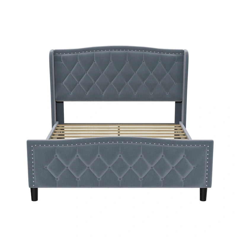 Rama łóżka Queen Size, tapicerowane łóżko platformowe z wezgłowiem typu wingback, aksamitna rama łóżka, podparcie z drewnianych listew, nie wymaga stelaża sprężynowego