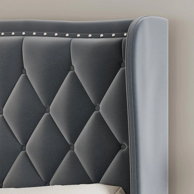 Rama łóżka Queen Size, tapicerowane łóżko platformowe z wezgłowiem typu wingback, aksamitna rama łóżka, podparcie z drewnianych listew, nie wymaga stelaża sprężynowego